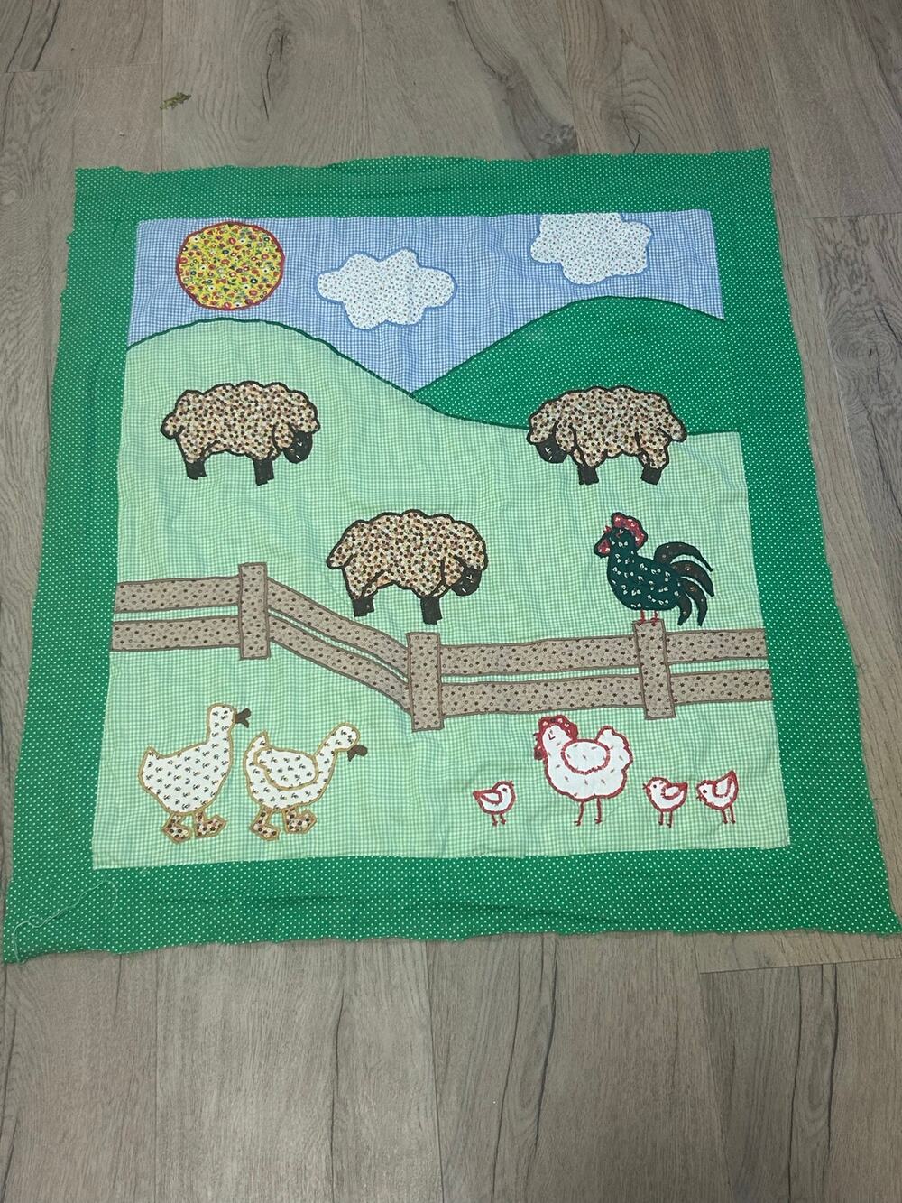 Handmade Farm Scene Quilt Topper Applique Sheep Chicken Rooster 29x31